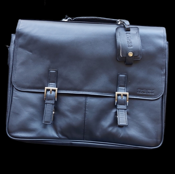 NWT Kenneth Cole 15.6" Leather Blk Messenger Bag - Picture 1 of 11